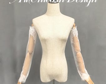 Detachable Ivory Lace Bridal Sleeves, Chantilly Wedding Bolero, Boho Tulle Cover-up