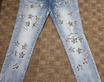 Light Blue Distressed Star Jeans – Celestial Denim Wear