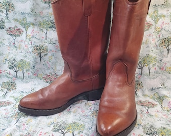 Botas vaqueras Mason Western de cuero marrón sin cordones, talla 11 para hombre.