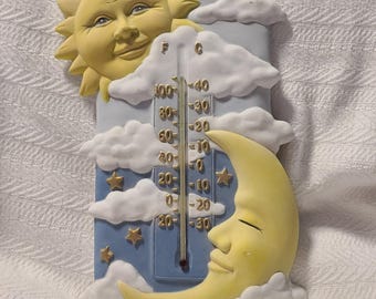 Vintage Sun And Moon Face Pottery Wall Hanging Thermometer Celestial Whimsigoth