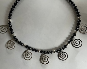 Handmade Sterling Silver Spirals and Onyx Necklace