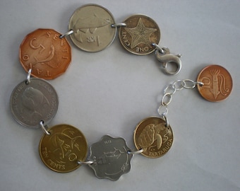 Sea LIfe World Coins Bracelet--Sterling Silver Clasp, Links & Chain--all soldered links