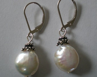 Freshwater Pearl "Coin" Earrings--Sterling Silver Ear Wires & Accents