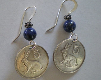 Zimbabwe African Rabbit Coin Earrings with Sterling Silver & Stone Beads