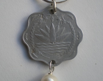 Bangladesh Lotus Flower Coin Pendant with Freshwater Pearl Drop on 20" Sterling Silver Snake Chain