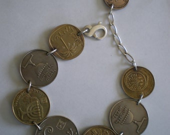 Israel Coins Link Bracelet--Sterling Silver Clasp, Links & Chain, all links soldered