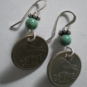 Chickadee Norwegian Coin Earrings--Sterling Silver & Genuine Stone Beads