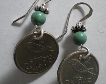 Chickadee Norwegian Coin Earrings--Sterling Silver & Genuine Stone Beads