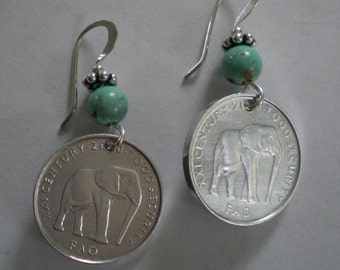 African Elephant Coin Earrings with Stone Bead & Sterling Silver  Ear Wires