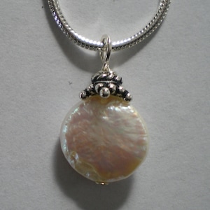 Freshwater Pearl  &quot;Coin&quot; Pendant on 18&quot; Sterling Silver Snake Chain