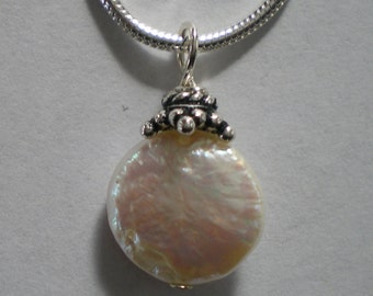 Freshwater Pearl  "Coin" Pendant on 18" Sterling Silver Snake Chain