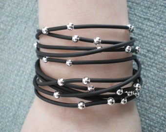Starry Night Black Rubber & Sterling Silver Wraparound Bracelet/Necklace