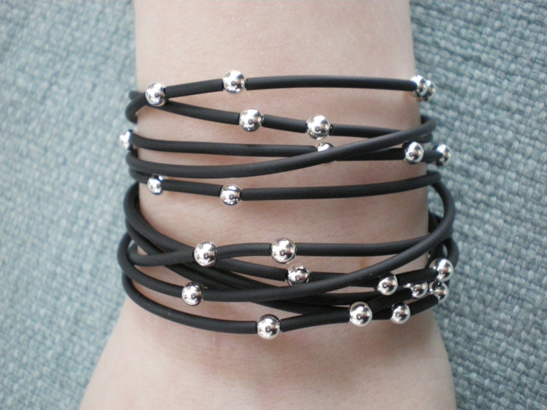 Starry Night Black Rubber & Sterling Silver Wraparound Bracelet/Necklace image 1