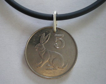 Rabbit Zimbabwe African Coin Pendant on Rubber Cord with Sterling Silver Clasp and  Soldered Jump Ring