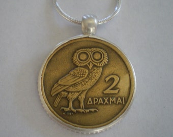 Sterling Silver Bezel-Set Greek Owl Coin Athena Pendant on 24" Sterling Silver Chain