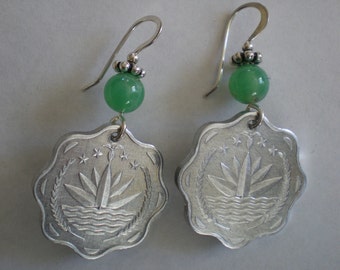 Lotus Coin Earrings with Sterling Silver and Chrysoprase Bead Ear Wires