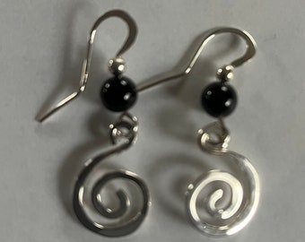 Handmade Sterling Spiral Earrings with Onyx