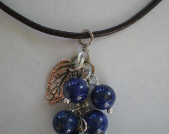 Maine Blueberries Lapis Lazuli & Sterling Silver Pendant on Leather Cord