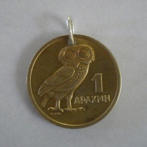 Greek Owl Coin Pendant or Key Ring with Soldered Sterling Silver Jump Ring image 1