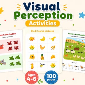 Peut inclure: Un livre d'activités éducatives coloré intitulé "Visual Perception Activities". Le livre présente trois pages d'activités différentes : associer les ombres, trouver les images correspondantes et compter les animaux de la ferme. Le livre est conçu pour les enfants de 4 à 6 ans et contient 100 pages.
