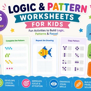 Peut inclure: Feuilles d'exercices éducatives pour enfants de 4 à 6 ans, axées sur la logique et les motifs. L'image présente un pot à crayons avec des crayons de couleur et des options PDF imprimables. Les activités visent à développer la pensée logique, la concentration et la résolution de problèmes.