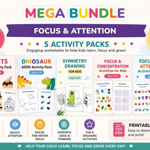 Puede incluir: Un colorido paquete educativo para niños de 4 a 6 años, con cinco paquetes de actividades centrados en la concentración y la atención. Incluye hojas de trabajo sobre dulces, dinosaurios, dibujo de simetría, concentración, etc. Más de 100 páginas de diversión.