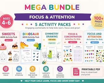 May include: A colorful educational bundle for ages 4-6, featuring five activity packs focused on focus and attention. Includes worksheets on sweets, dinosaurs, symmetry drawing, focus, and concentration, and more. Over 100 pages of fun and learning, printable in PDF format.