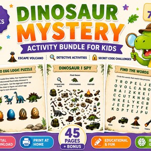 May include: A Dinosaur Mystery activity bundle for kids ages 7-10, featuring 3 packs in 1 with 45 pages. Includes Dino Egg Logic Puzzle, Dinosaur I Spy, and Find the Words games, illustrated with a green dinosaur holding a magnifying glass.