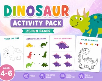 Dinosaur Activity Pack for Kids Ages 4-6 | Tracing, Matching, Color by Number (PDF Download)