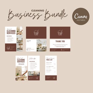 Könnte beinhalten: Ein Design-Bundle für Unternehmen mit hellbraunem Hintergrund. Das Design umfasst Visitenkarten, Flyer und eine Preisliste. Der Text enthält "Cleaning Business Bundle" und "Canva Editable". Das Farbschema ist braun und weiß.