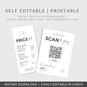Pacchetto di cartelli "Scansiona per pagare" e listino prezzi, cartello di pagamento con codice QR, cartelli aziendali modificabili in Canva, modello per bancarella del mercato per piccole imprese