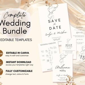 Könnte beinhalten: Komplettes Hochzeitsbundle mit 9 bearbeitbaren Vorlagen. Enthält eine Save the Date Karte, RSVP, Hochzeitszeitplan und Dankeskarte. Die Vorlagen sind in Canva anpassbar, mit sofortigem Download.