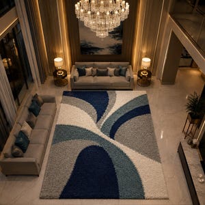 Modern Abstract 3D Area Rug, Navy Blue Gray Teal Cream Shag Rug, Geometric Wave Pattern Carpet, Contemporary Living Room Bedroom Rug