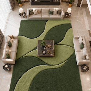 Dark Green Abstract Area Rug, Olive Green Modern 3D Carved Carpet, Contemporary Living Room Bedroom Rug