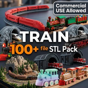 May include: A collection of toy trains in various colors and designs, including red, green, and black locomotives, and passenger cars. The image includes the text "TRAIN 100+ file STL Pack" and "Commercial USE ALLOWED".