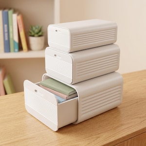 May include: A stack of three light gray storage boxes, one drawer open, revealing books inside. The boxes have a ridged design on the front and a small handle. The boxes are stacked on a wooden surface.