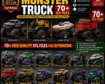 Paquete de archivos STL de Monster Truck / Colección de archivos de impresión 3D de vehículos todoterreno / Descarga digital de modelos de camiones imprimibles