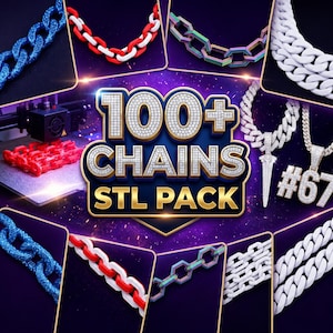 Puede incluir: Una colección digital de 100+ cadenas en formato STL con varios diseños de eslabones, incluyendo acabados en azul brillante, rojo y blanco, iridiscente y blanco mate, junto a una impresora 3D creando un eslabón rojo y collares con colgantes.