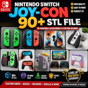 May include: A digital collection of 90+ 3D printable STL files for Nintendo Switch Joy-Con accessories. The image displays various custom grips, docks, holders, and shells in colours like green, blue, red, orange, white, and purple, featuring diverse patterns and designs.