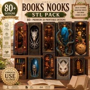 Pacote de Arquivos STL para Cantinho de Leitura | Mais de 80 Arquivos STL para Cantinho de Leitura | Miniaturas de Suportes para Livros de Biblioteca | Arquivos STL para Dioramas de Fantasia | Encaixe para Estante | Uso Comercial