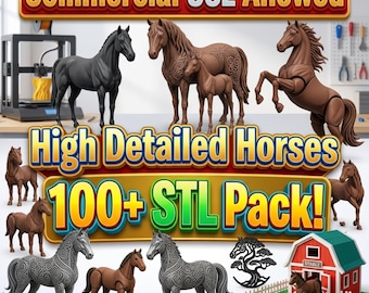 Pacchetto di file STL di cavalli (oltre 100), cavalli articolati in formato STL, modelli di cavalli per stampa 3D, pacchetto STL per uso commerciale, cavalli giocattolo in formato STL, pacchetto di file STL di animali.