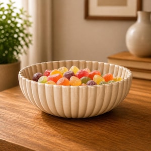 May include: A beige, ribbed ceramic bowl filled with colorful gummy candies. The candies are various colors, including red, orange, yellow, and green. The bowl sits on a wooden surface.