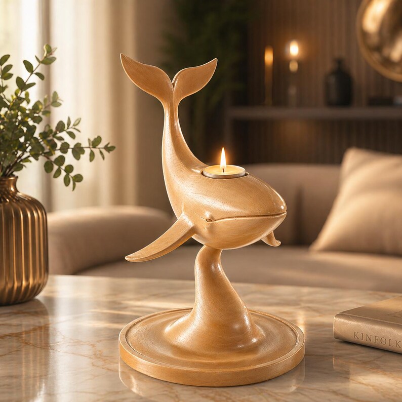 Puede incluir: Un candelabro de madera con forma de ballena de color marr&oacute;n claro, con una vela encendida. La ballena tiene aletas, cola y una base redonda. El candelabro est&aacute; sobre una superficie con aspecto de m&aacute;rmol.
