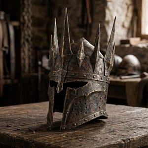 May include: A weathered, dark metal helmet with a spiked crown, rivets, and a visor. The helmet sits on a wooden surface, suggesting a medieval or fantasy theme. The helmet's design is intricate and detailed, with a worn, aged appearance.