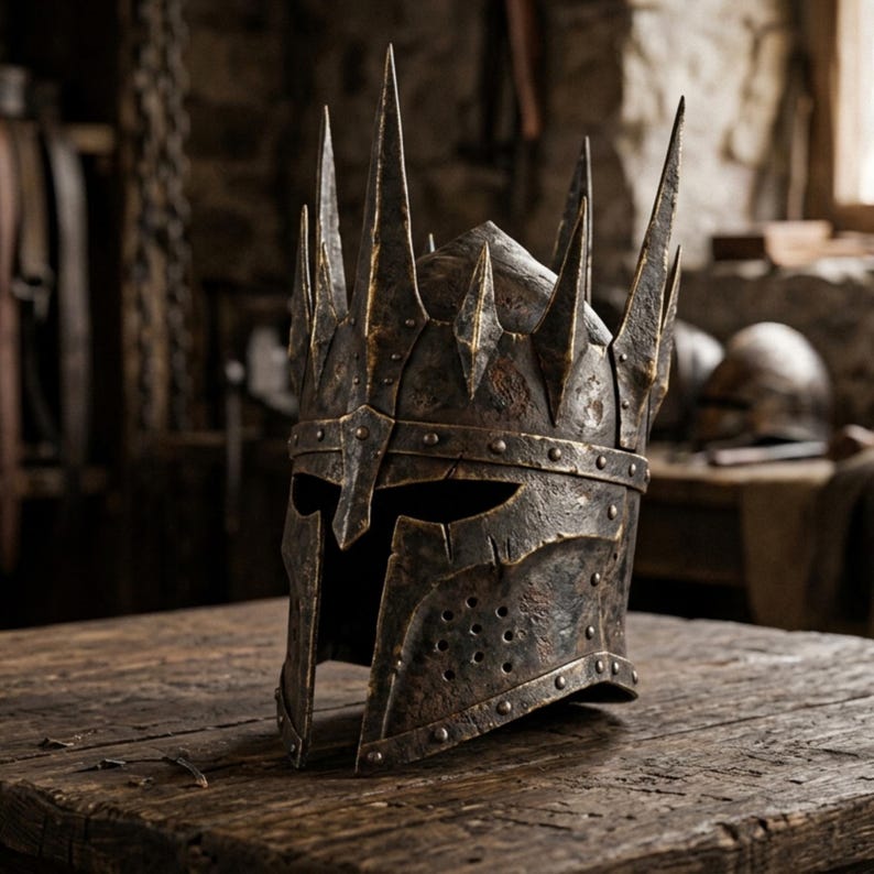 May include: A weathered, dark metal helmet with a spiked crown, rivets, and a visor. The helmet sits on a wooden surface, suggesting a medieval or fantasy theme. The helmet's design is intricate and detailed, with a worn, aged appearance.