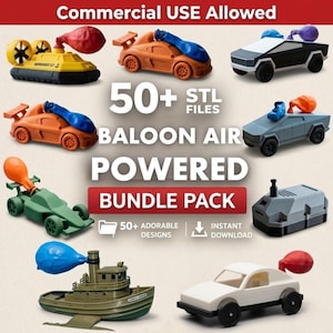Op de afbeelding: Een verzameling speelgoedvoertuigen, waaronder auto's en een sleepboot, die elk zijn ontworpen om door ballonnen te worden aangedreven. De afbeelding bevat de tekst "50+ STL FILES" en "BALOON AIR POWERED BUNDLE PACK".