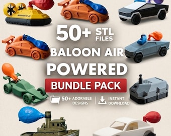 Paquete de juguetes propulsados por globos (archivos STL) / Paquete de impresión 3D de coches y barcos propulsados por aire / Archivos STL de vehículos STEM con globos / Paquete de juguetes científicos para armar