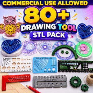 May include: A collection of 3D printed drawing tools including stencils, rulers, gears, and geometric shapes. Text reads: COMMERCIAL USE ALLOWED, 80+ DRAWING TOOL STL PACK, RADIUS STENCIL CARD, MARKING GAUGE, and various measurements in inches and degrees.
