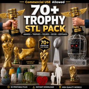 May include: A digital collection of 70+ 3D printable trophy STL files, featuring various designs including a gold Piston Cup trophy with wings, a soccer ball, a football, a mechanical skull in a cage, and several geometric planters.
