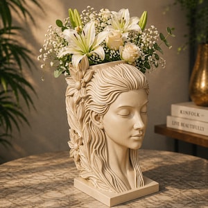 Puede incluir: Un jarrón decorativo beige con forma de cabeza de mujer, con los ojos cerrados y el pelo suelto. El jarrón está lleno de lirios blancos, rosas y paniculata. La escultura tiene detalles florales y se apoya en una base rectangular.